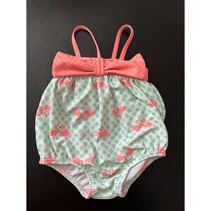 Baby Girl's Flamingo Polka Dot One-Piece Swimsuit 3-6 Months Peach Green Bow